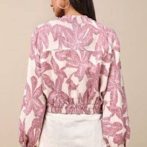 Migney Light Beige and Mauve Pink Floral Bomber Jacket