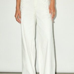 Ronnie Ivory Twill Embroidered Wide-Leg Pants